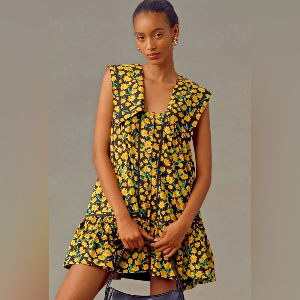 Maeve Collared Poplin Swing Mini Dress in Yellow Daisy 🌼
